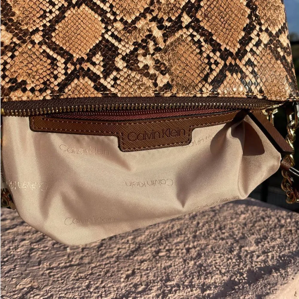 Calvin Klein Snake-Embossed Crossbody Bag Tan Brown | Small - Picture 10 of 12